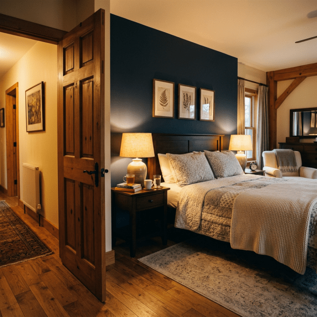 Rustic bedroom with wooden bed, side tables, two lamps, framed botanical prints, and an armchair