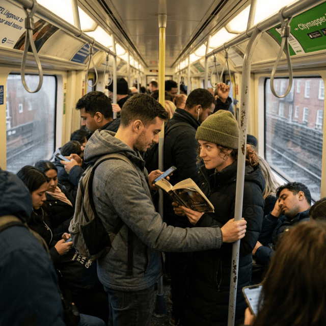 Crowded subway train with passengers reading and using phones