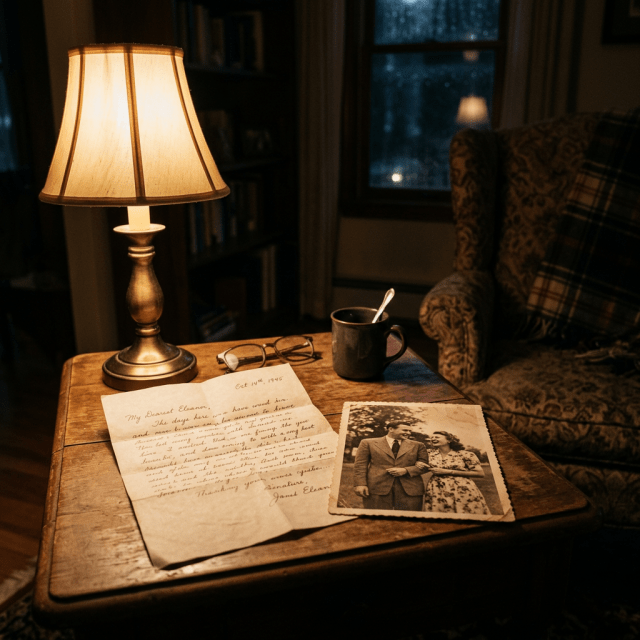 Handwritten letter dated Oct 14th 1945 and vintage photo of couple on wooden table with lamp and coffee mug