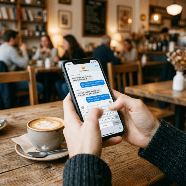 Hands typing on smartphone messaging app with coffee cup on table in café