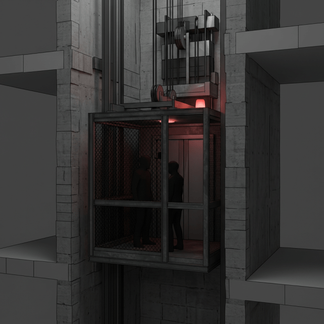 Cage-style elevator with two figures inside and red warning lights in industrial shaft