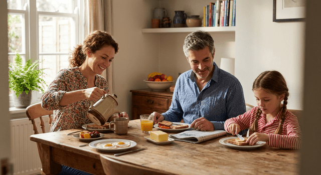 A woman pouring coffee, a man reading newspaper, and a girl spreading butter on toast at breakfast