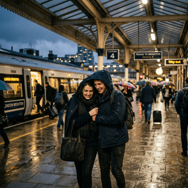Couple smiling and walking closely under a hood on a wet train platform with people and train in background