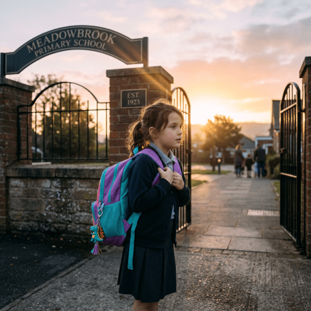 Young girl in school uniform with backpack outside school gates at sunset