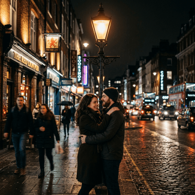 Couple hugging under a streetlamp on a busy city sidewalk at night
