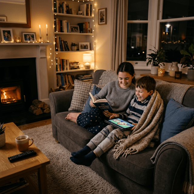 Siblings sitting on a sofa reading a book and using a tablet under a blanket