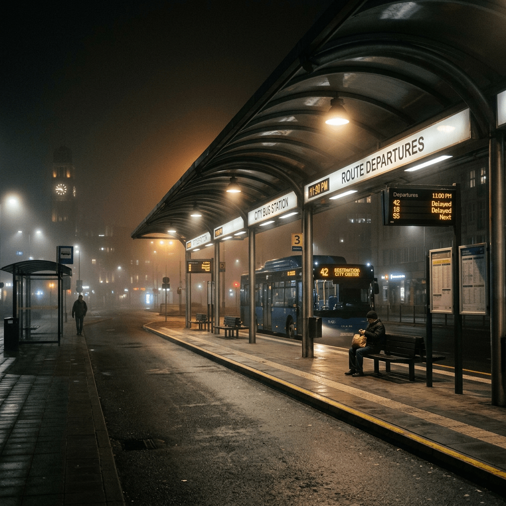 Empty bus station platform at night with a single seated person and a bus delayed