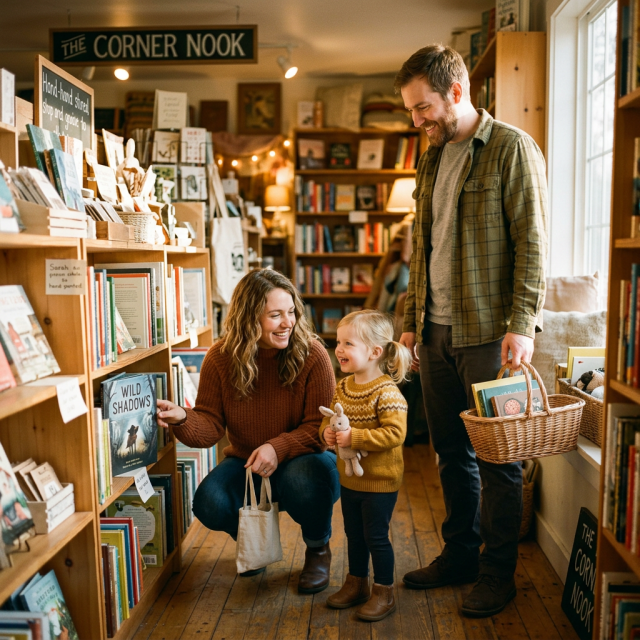 Family of three browsing books in a cozy bookstore with wooden shelves