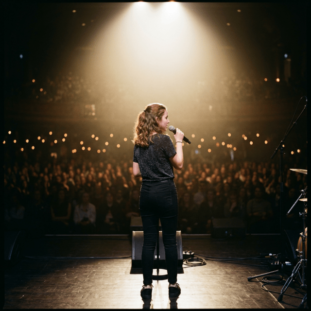 Young person with microphone on stage in front of large audience