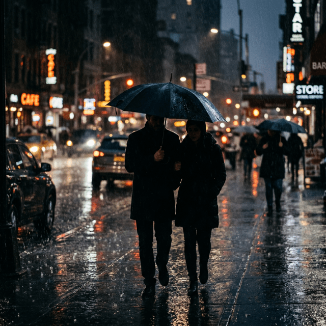 Couple walking closely under a black umbrella on a wet city sidewalk at night