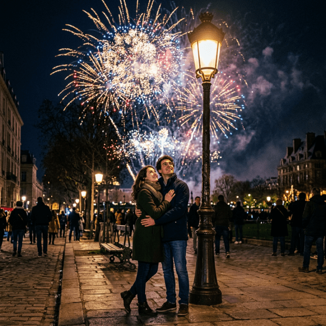 Couple standing close together looking up at fireworks with city lights and people in the background