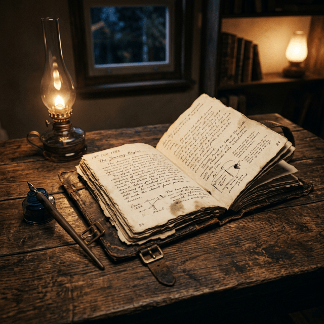 Open antique journal with handwritten text and sketches on wooden table beside ink pot and oil lamp