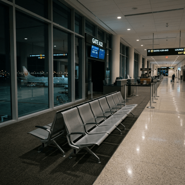 Empty seating area at airport gate A32 with plane visible outside at night